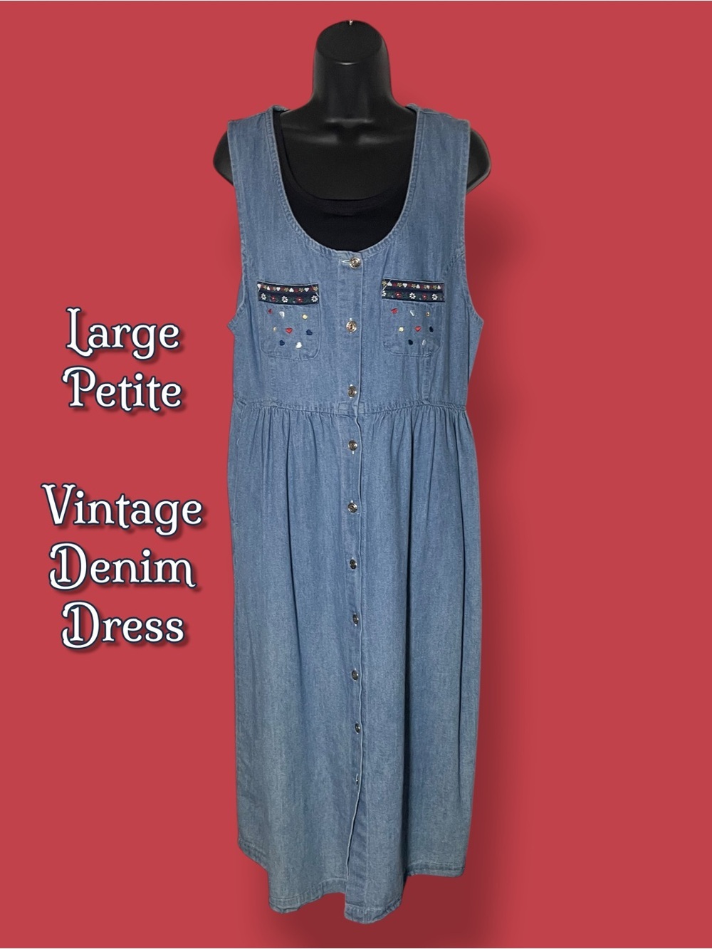 Petite Vintage Button Up Denim Jumper Maxi Dress Size Large Embroidered Hearts